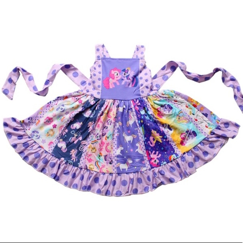 Girls Purple Unicorn Patchwork Apron Dress big twirl